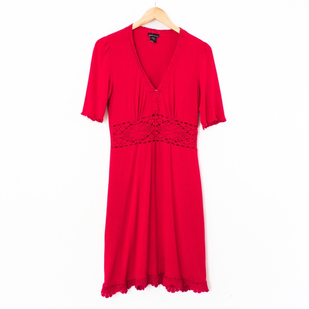 Moda International | Late 2000’s Vibrant Red V-Neck Crochet Dress | Size M